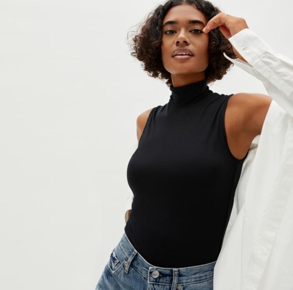 Everlane The Luster Mockneck Sleeveless Tank Bodysuit Black thong lyocell blend